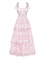 Rosa 70er Blumen-Maxikleid mit Bindeträgern und Stufenrock