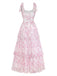 Rosa 70er Blumen-Maxikleid mit Bindeträgern und Stufenrock