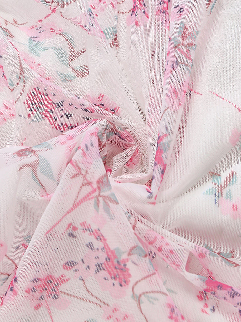 Rosa 70er Blumen-Maxikleid mit Bindeträgern und Stufenrock