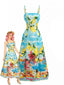 Hellblaues 50er Maxikleid mit Zitronen-Print und Spaghettiträgern