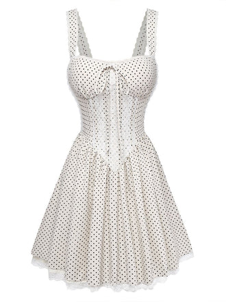 Beige 70er Kleid mit Spaghettiträger und Polka-Dots