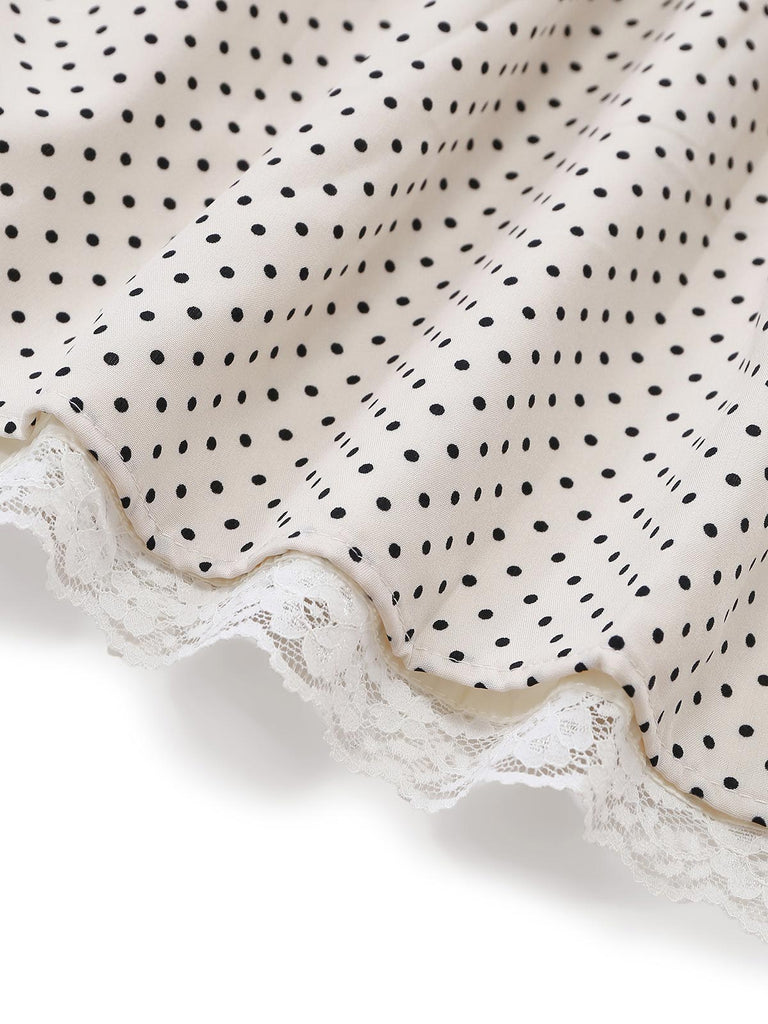 Beige 70er Kleid mit Spaghettiträger und Polka-Dots