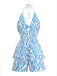 Blaues 50er 2PCS Top & kurze Hose mit abstraktem Print