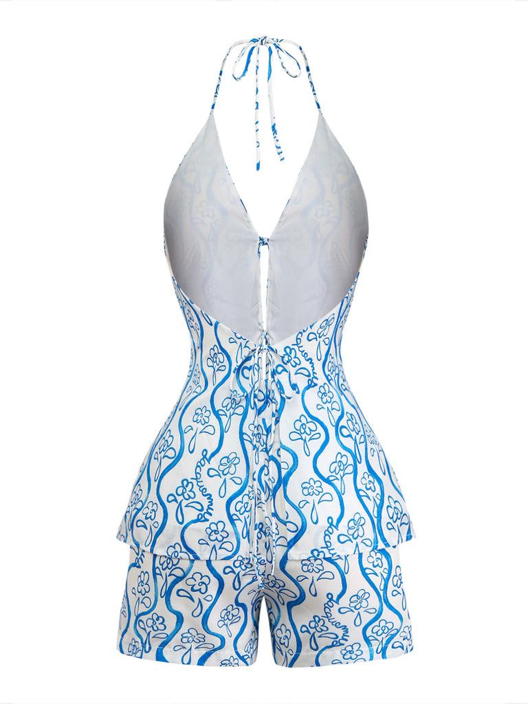 Blaues 50er 2PCS Top & kurze Hose mit abstraktem Print