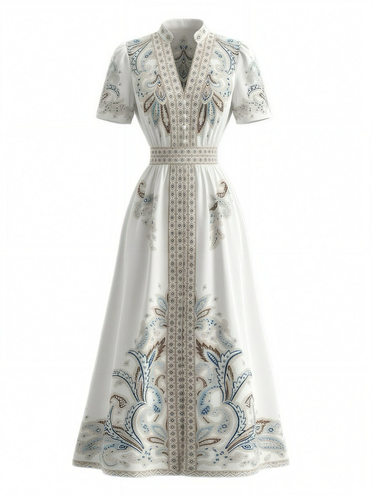 Weißes 50er Tropen Vintage Kleid mit Blumen und Hohe Taille