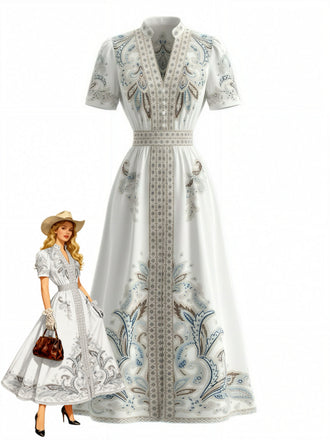 Weißes 50er Tropen Vintage Kleid mit Blumen und Hohe Taille