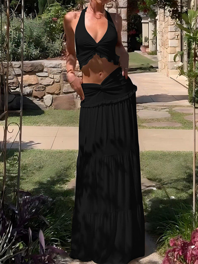 70er Crop-Top & Maxirock Set mit Twist-Front