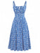Blaues 40er Kleid mit Ditsy-Blumen und Bindefront