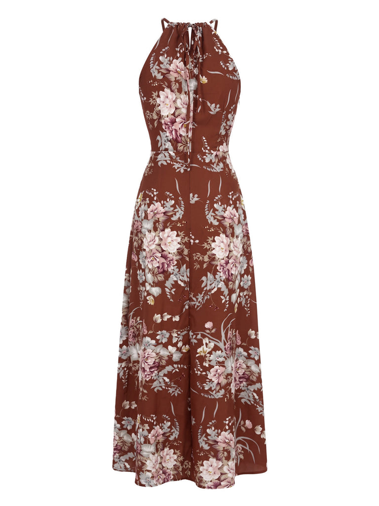 Rotes 70er Boho Maxikleid mit Blumen und Beinschlitz