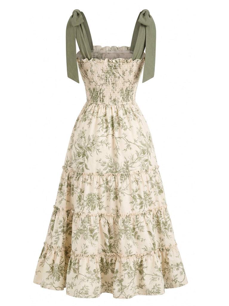 Grünes 40er Kleid mit Blumen und Schulterbindung