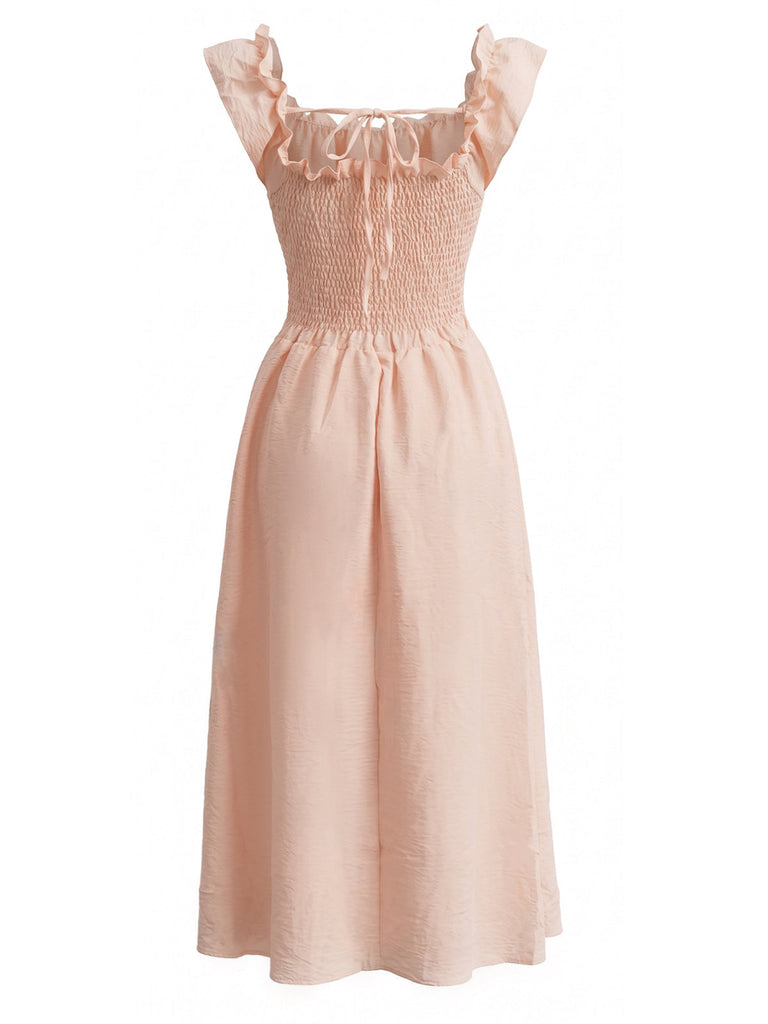 Rosa 40er Smockkleid mit Eckiger Ausschnitt und Rüschen