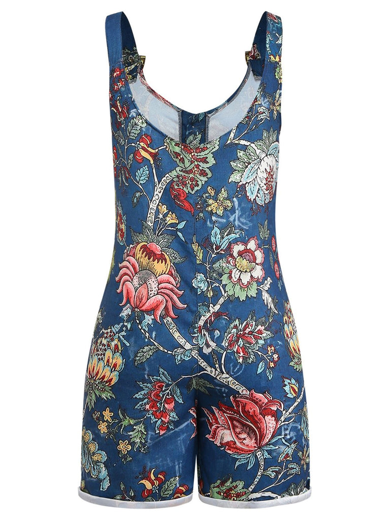 Blauer 70er Boho Romper mit Eckiger Ausschnitt und Blumen