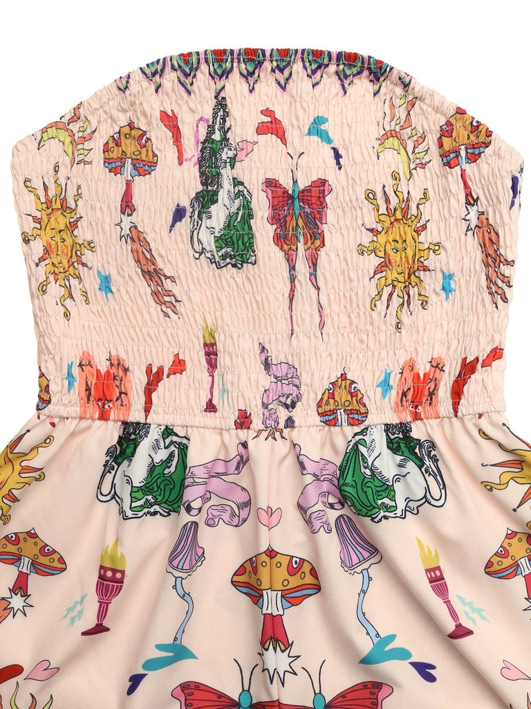 70er Boho Romper mit Schmetterlings-Print und Smok