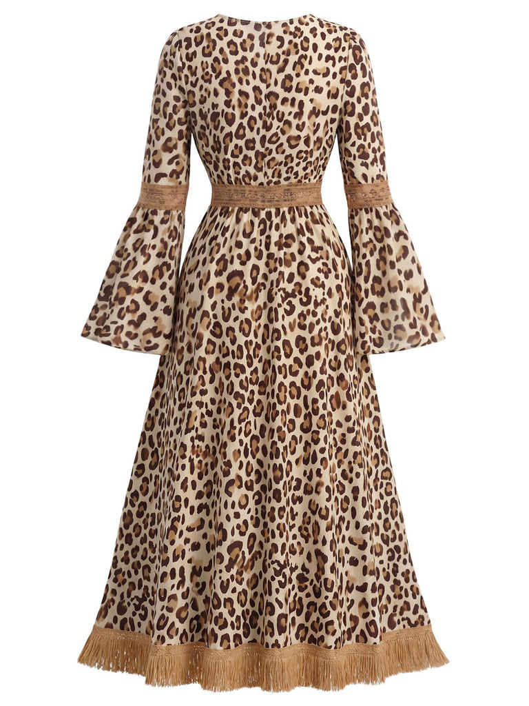 70er Boho Kleid mit V-Ausschnitt und Leoparden-Print