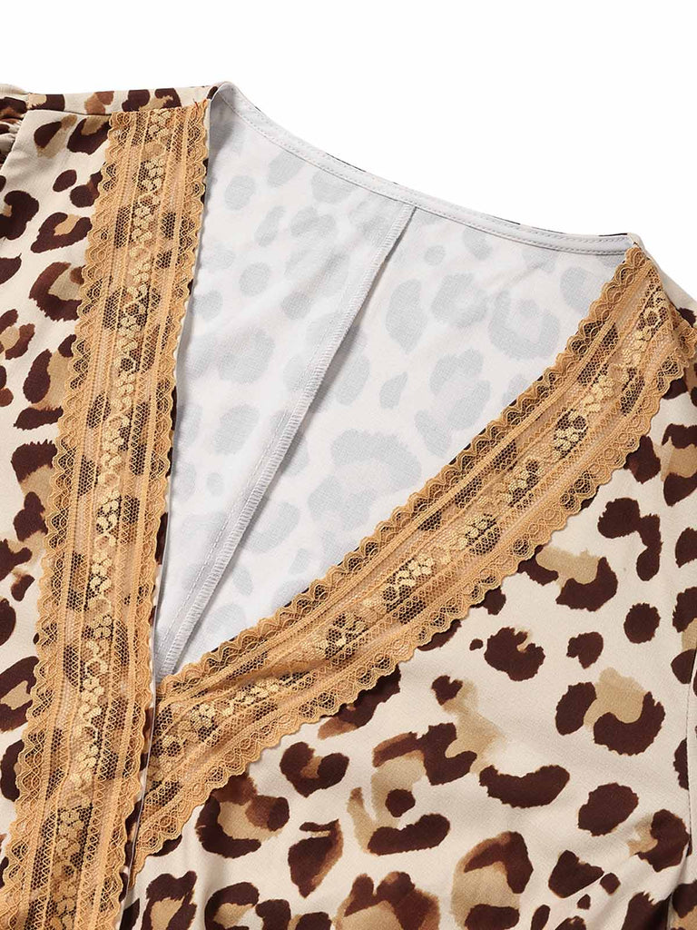 70er Boho Kleid mit V-Ausschnitt und Leoparden-Print