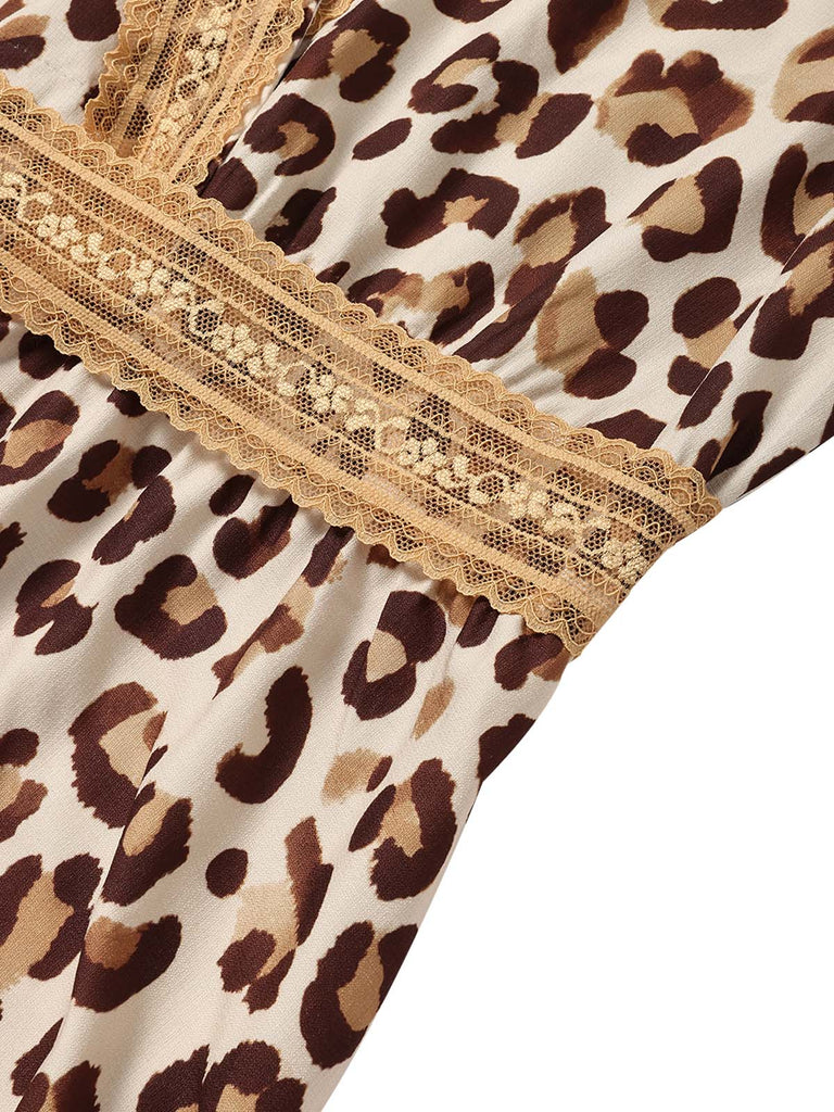 70er Boho Kleid mit V-Ausschnitt und Leoparden-Print