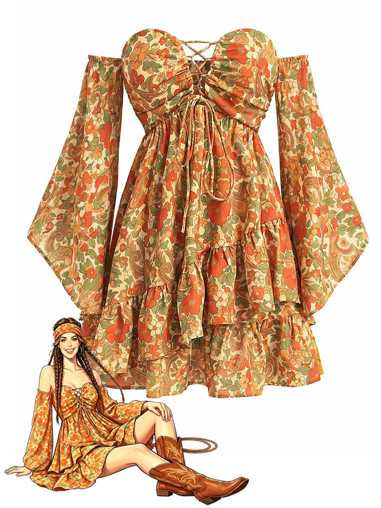 Dunkelgelbes 70er Boho Minikleid mit Blumen und Schnürung