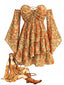 [Vorverkauf] Dunkelgelbes 70er Boho-Minikleid mit Blumen und Glockenärmeln