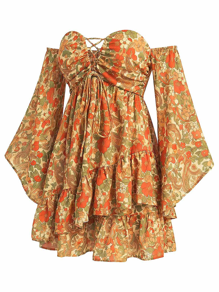 Dunkelgelbes 70er Boho Minikleid mit Blumen und Schnürung