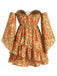 Dunkelgelbes 70er Boho Minikleid mit Blumen und Schnürung