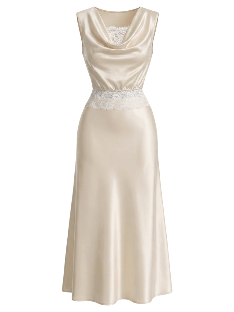 Champagnerer 20er Satin-Rock mit Wasserfallausschnitt und Spitze