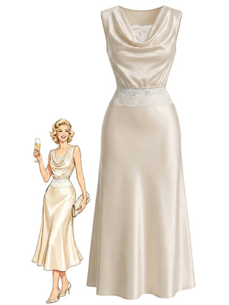 [Vorverkauf] Champagner 20er Satin-Top & Rock Set mit Wasserfallausschnitt