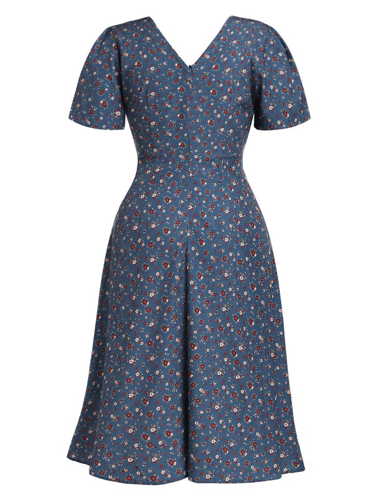 [Übergröße] Dunkelblaues 40er Midikleid mit Blumen und Knopfleiste