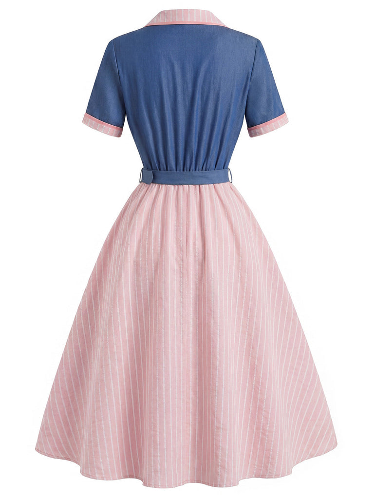 Rosa & Blaues 50er Kleid mit Reverskragen und Streifen