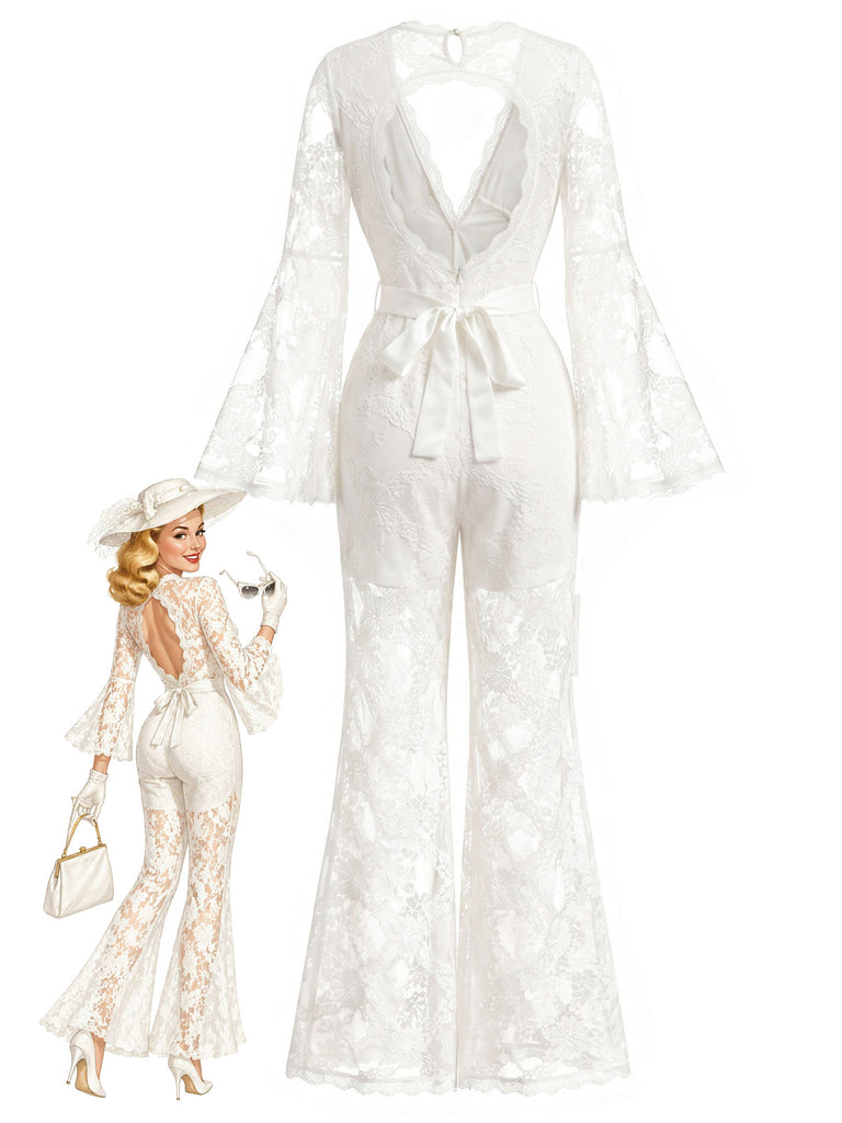 Weißer 60er Jumpsuit mit V-Ausschnitt und Neckholder