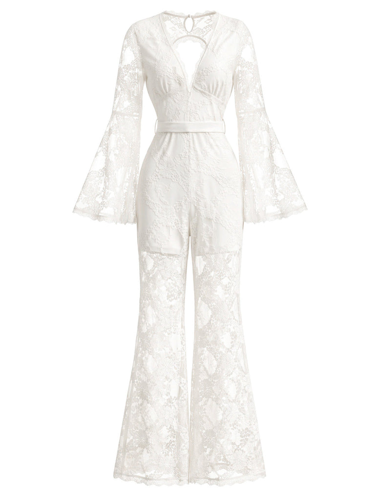 Weißer 60er Jumpsuit mit V-Ausschnitt und Neckholder