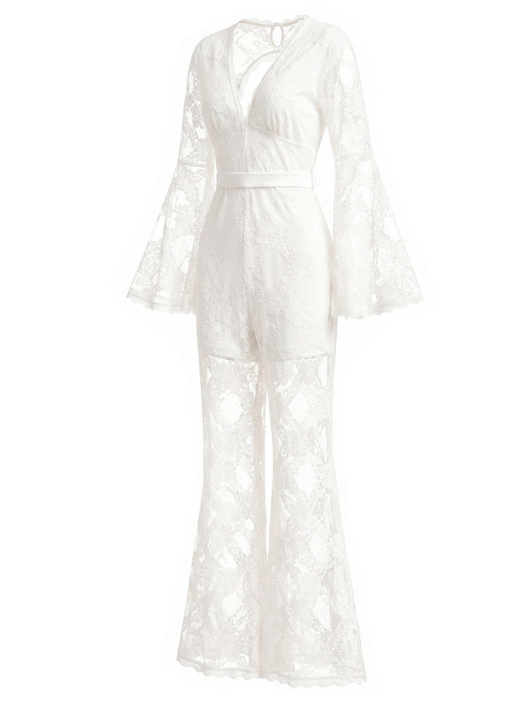 Weißer 60er Jumpsuit mit V-Ausschnitt und Neckholder