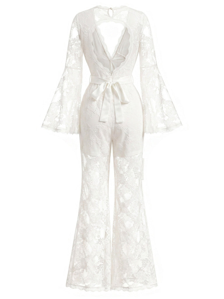 Weißer 60er Jumpsuit mit V-Ausschnitt und Neckholder