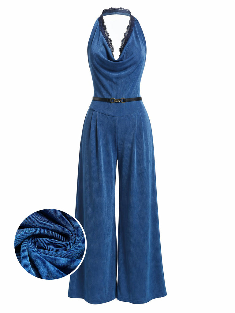 Blauer 80er Jumpsuit mit Neckholder und Spitze