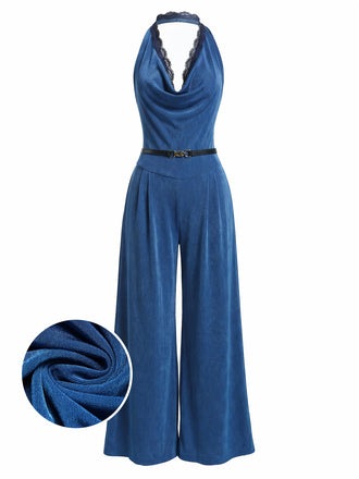 Blauer 80er Jumpsuit mit Neckholder und Spitze