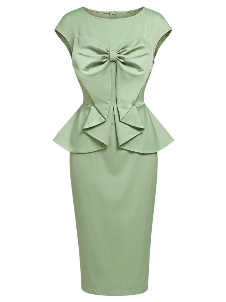 Grünes 60er Bleistiftkleid mit Rundhals und Schleife