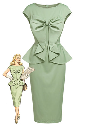 [Vorverkauf] Grünes 60er Bleistiftkleid mit Rundhals und Schleife