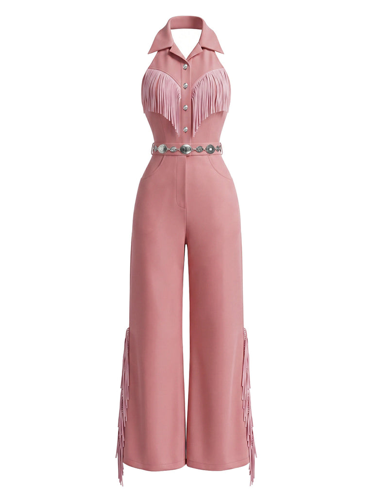 Rosa 70er Jumpsuit mit Neckholder und Reverskragen