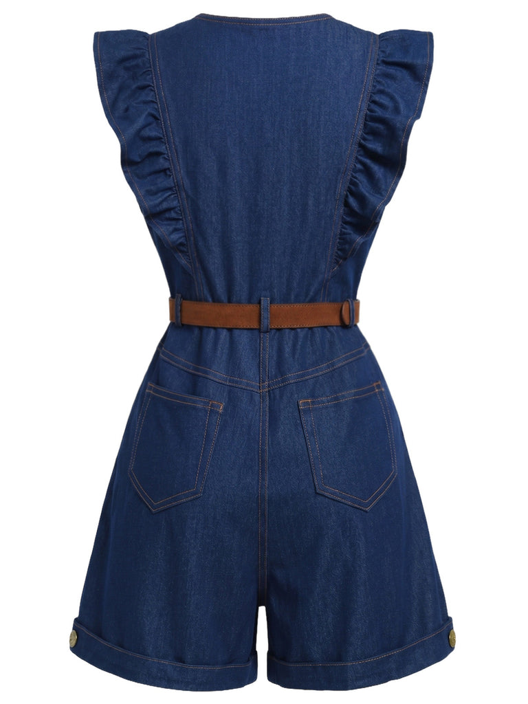 Dunkelblauer 70er Jeans-Romper mit Rundhals und Rüschen