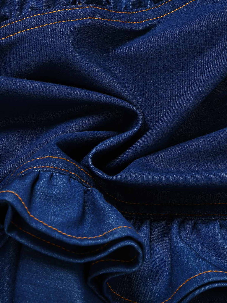 [Vorverkauf] Dunkelblauer 70er Jeans-Romper mit Rundhals und Rüschen
