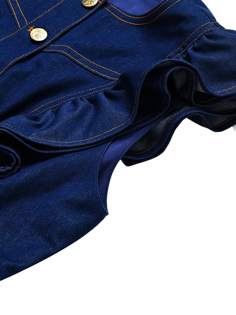 [Vorverkauf] Dunkelblauer 70er Jeans-Romper mit Rundhals und Rüschen