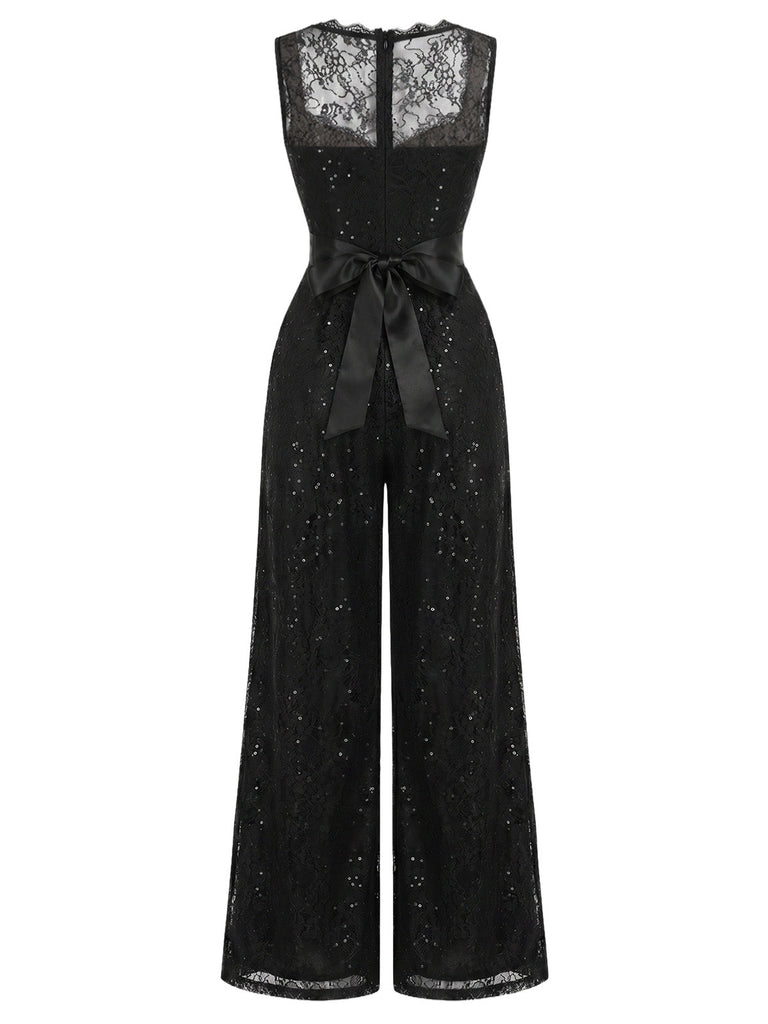 Schwarzer 60er Jumpsuit mit Herzausschnitt und Pailletten