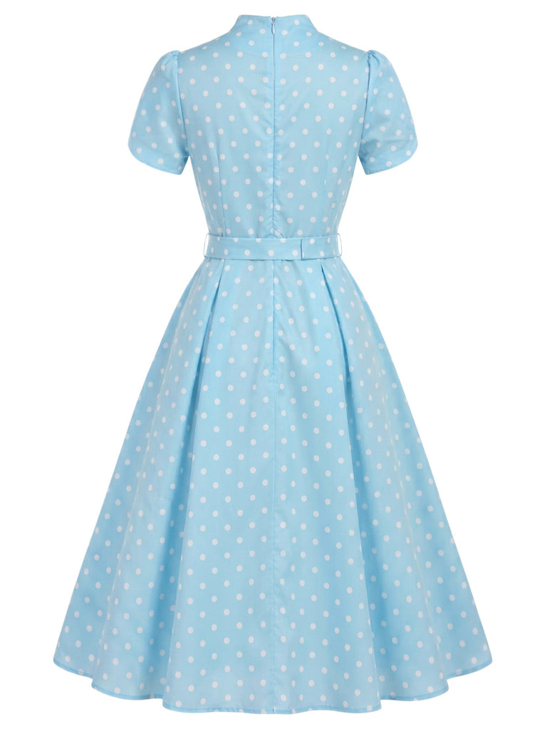 Blaues 50er Kleid mit Tulpenärmel und Polka-Dots