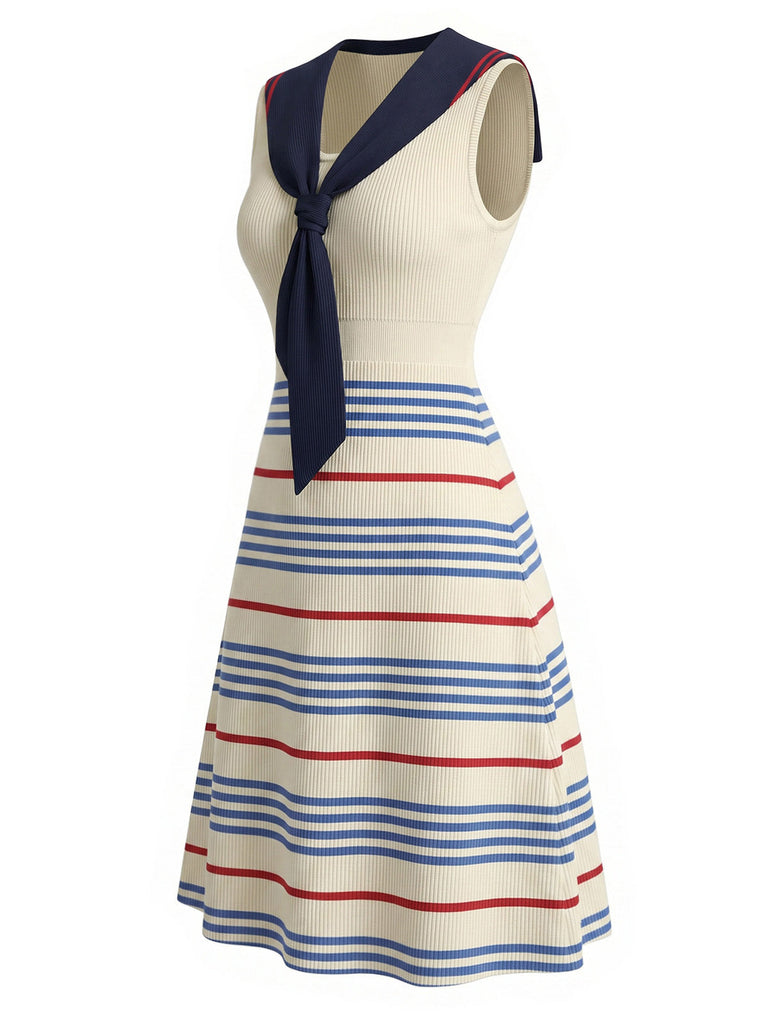 Cremefarbenes 70er Sailor Strick-Kleid mit Streifen