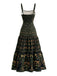 Dunkelgrünes 70er Maxikleid mit Spaghettiträger und Blumen