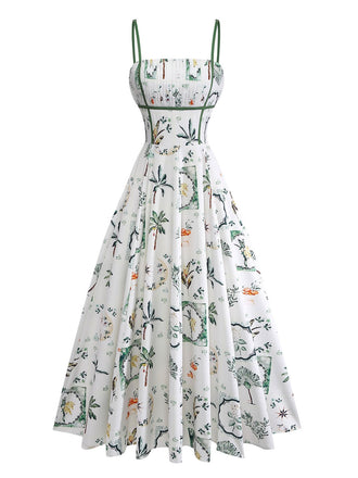 Weißes & Grünes 50er Midikleid mit Spaghettiträger und Schlag