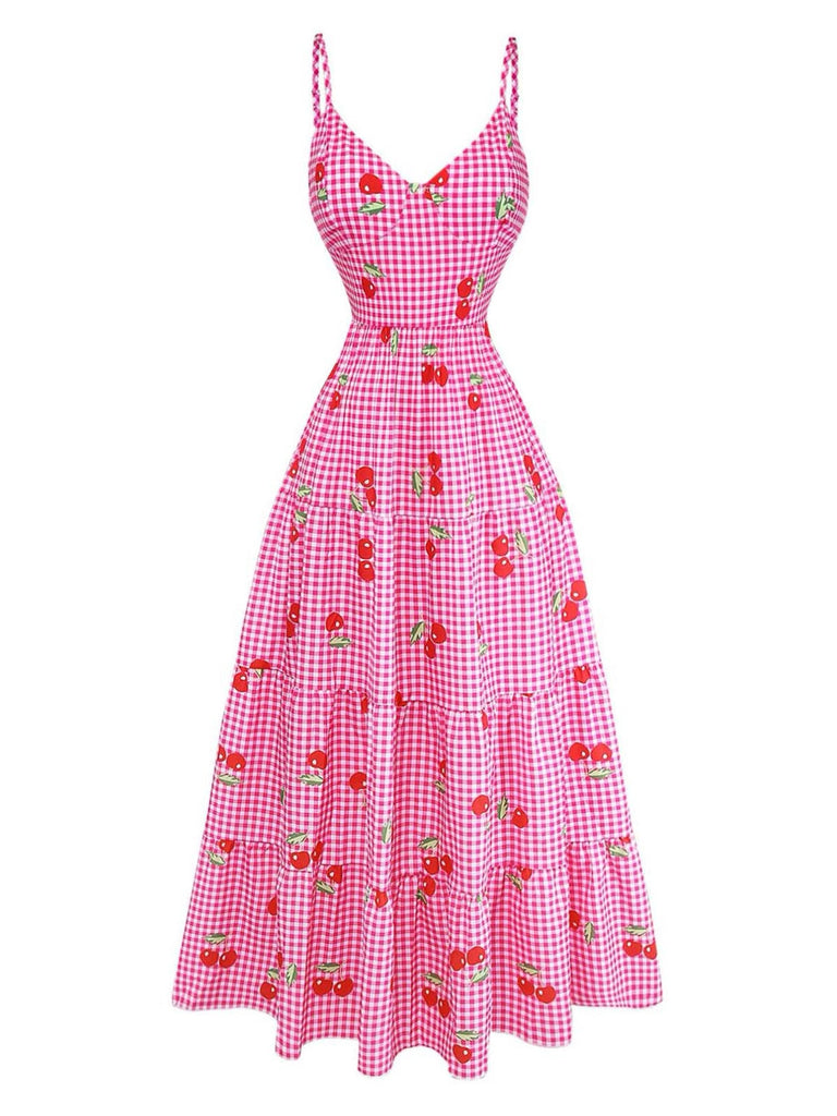 Rosa 30er Maxikleid mit Gingham und Kirschen