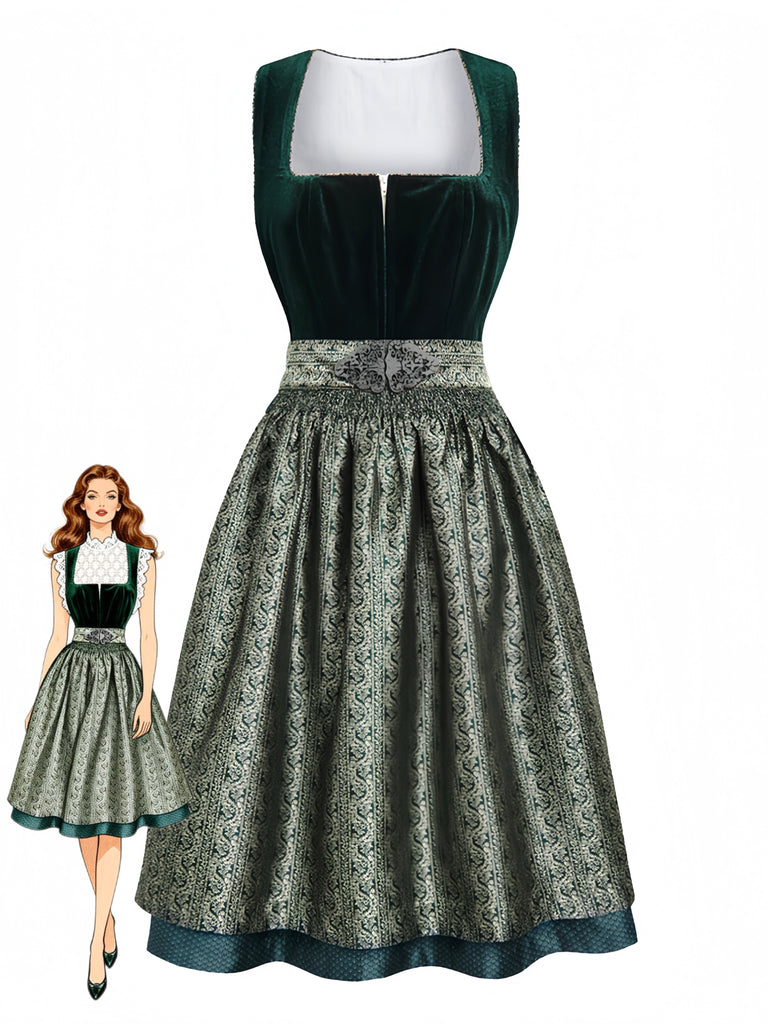 Grünes 50er Jacquard-Kleid mit Eckiger Ausschnitt und Samt
