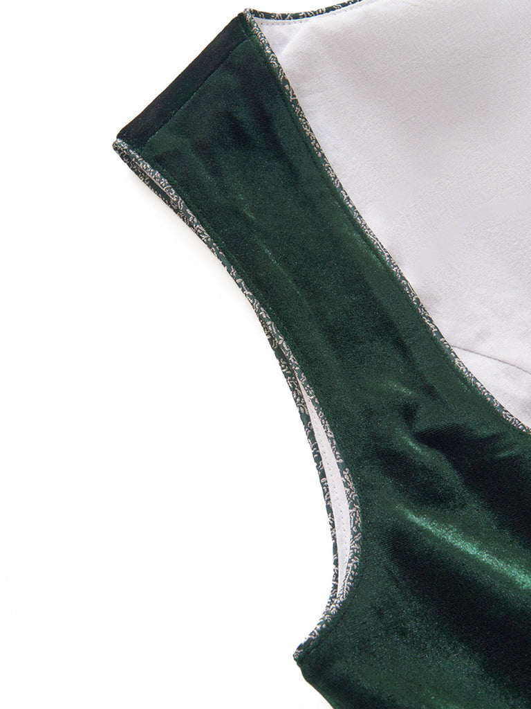 Grünes 50er Jacquard-Kleid mit Eckiger Ausschnitt und Samt