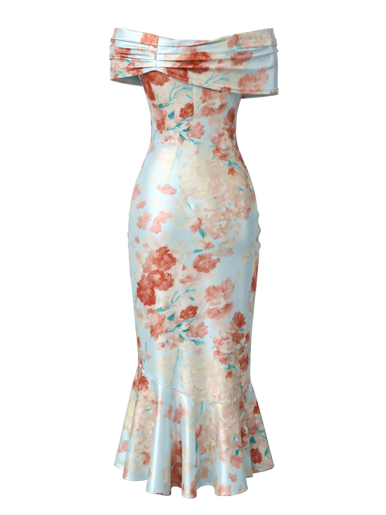 Hellblaues 30er Satin-Meerjungfrauenkleid mit Blumen