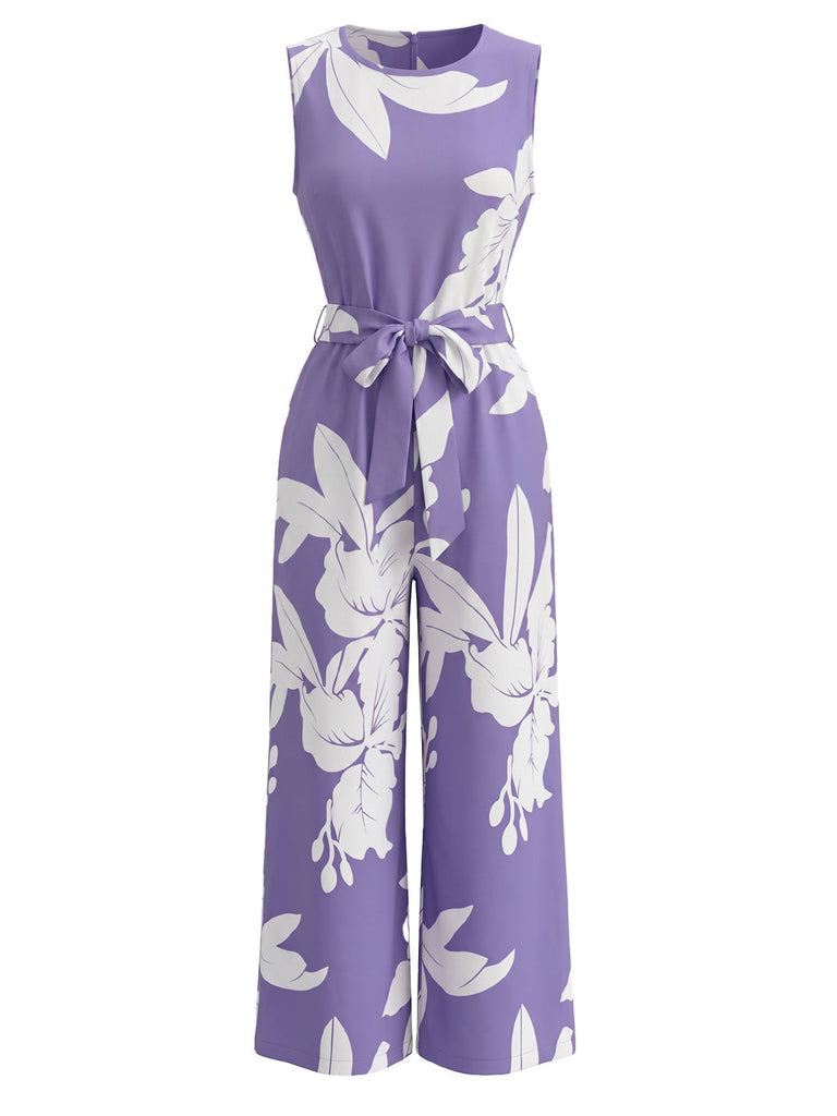 Lila 30er ärmelloser Jumpsuit mit Blumen-Print